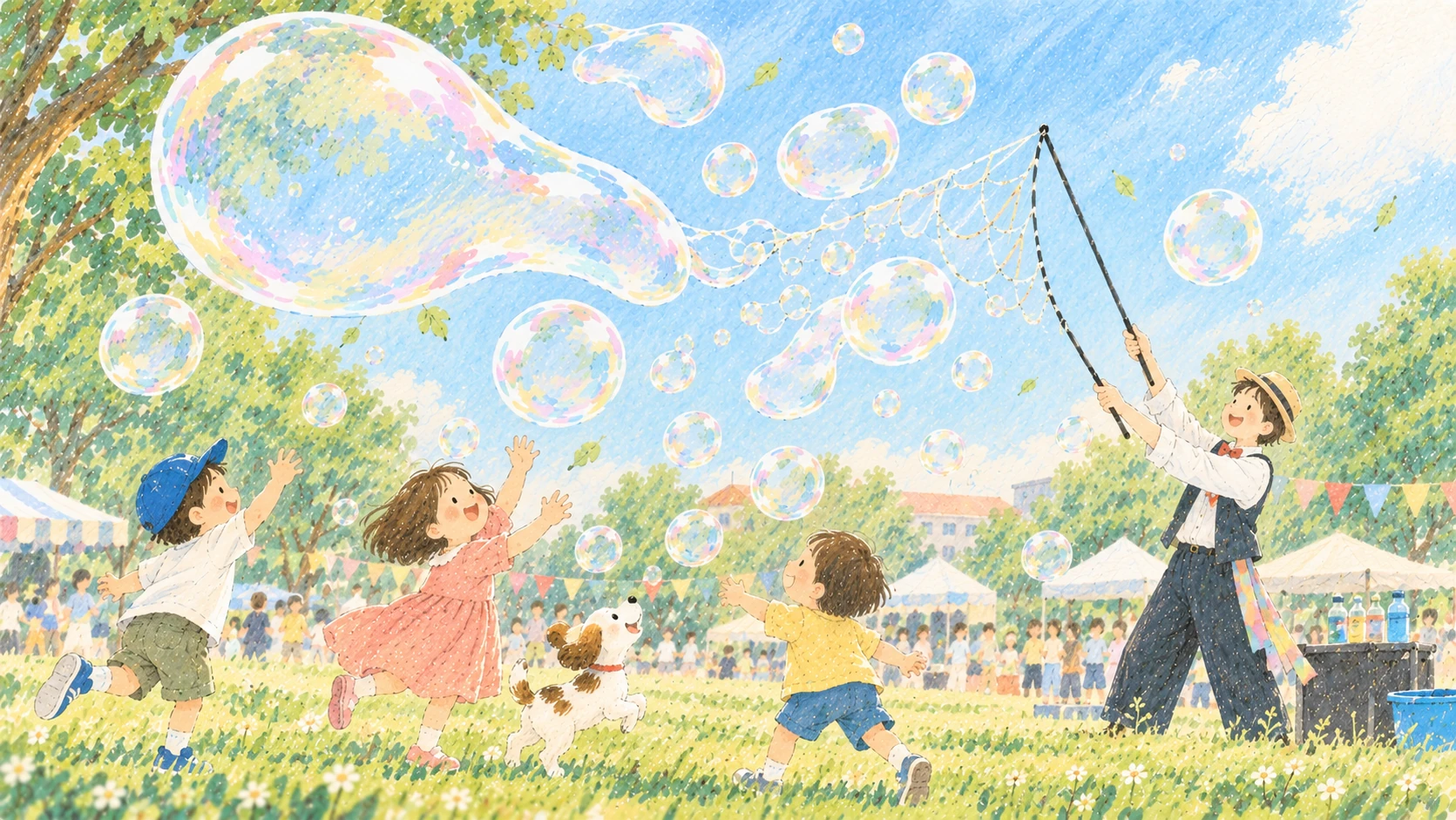 網状の道具でたくさんのシャボン玉を飛ばす演出のイラスト