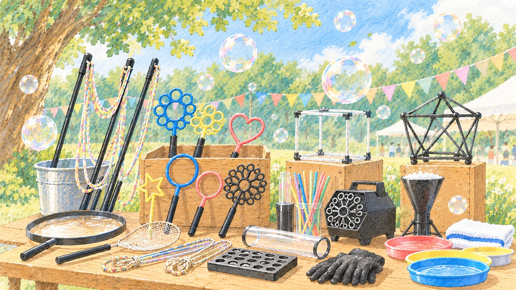 シャボン玉の演出で使うさまざまな道具のイラスト