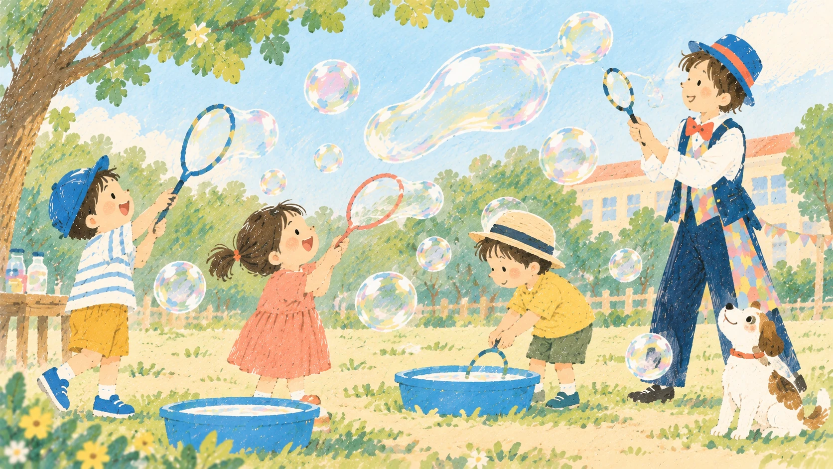 パフォーマーに見守られながらシャボン玉づくりを楽しむ子どもたちのイラスト