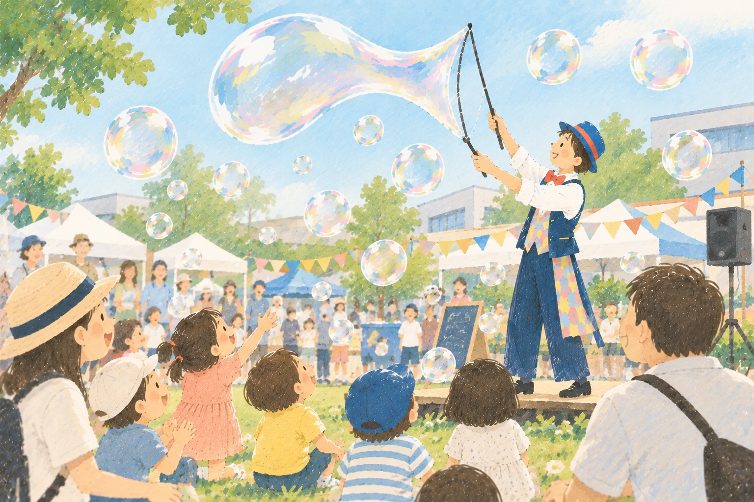 親子連れが集まる屋外イベントのシャボン玉ショーのイラスト