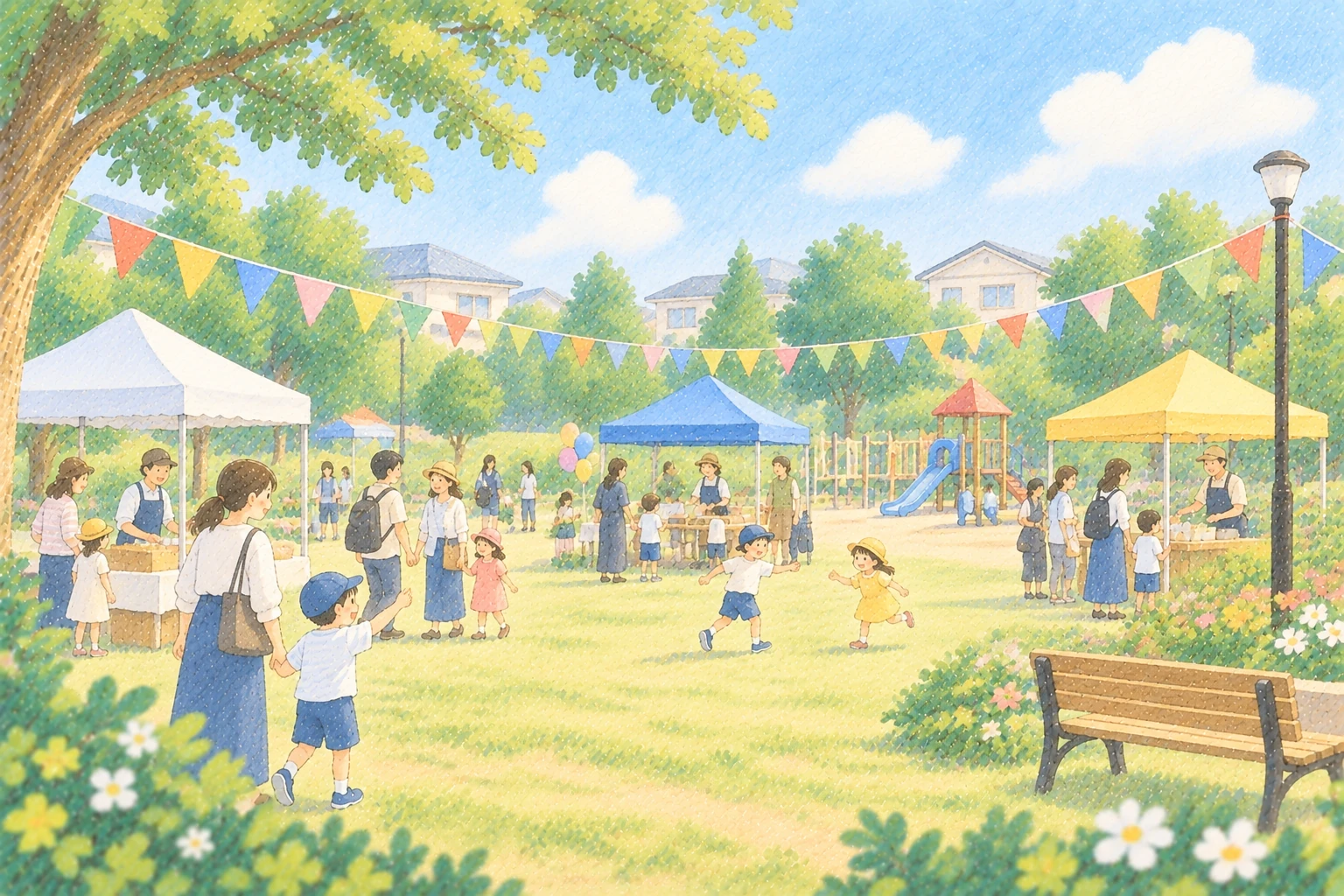 公園のテントと地域の親子が集まる催しのイラスト