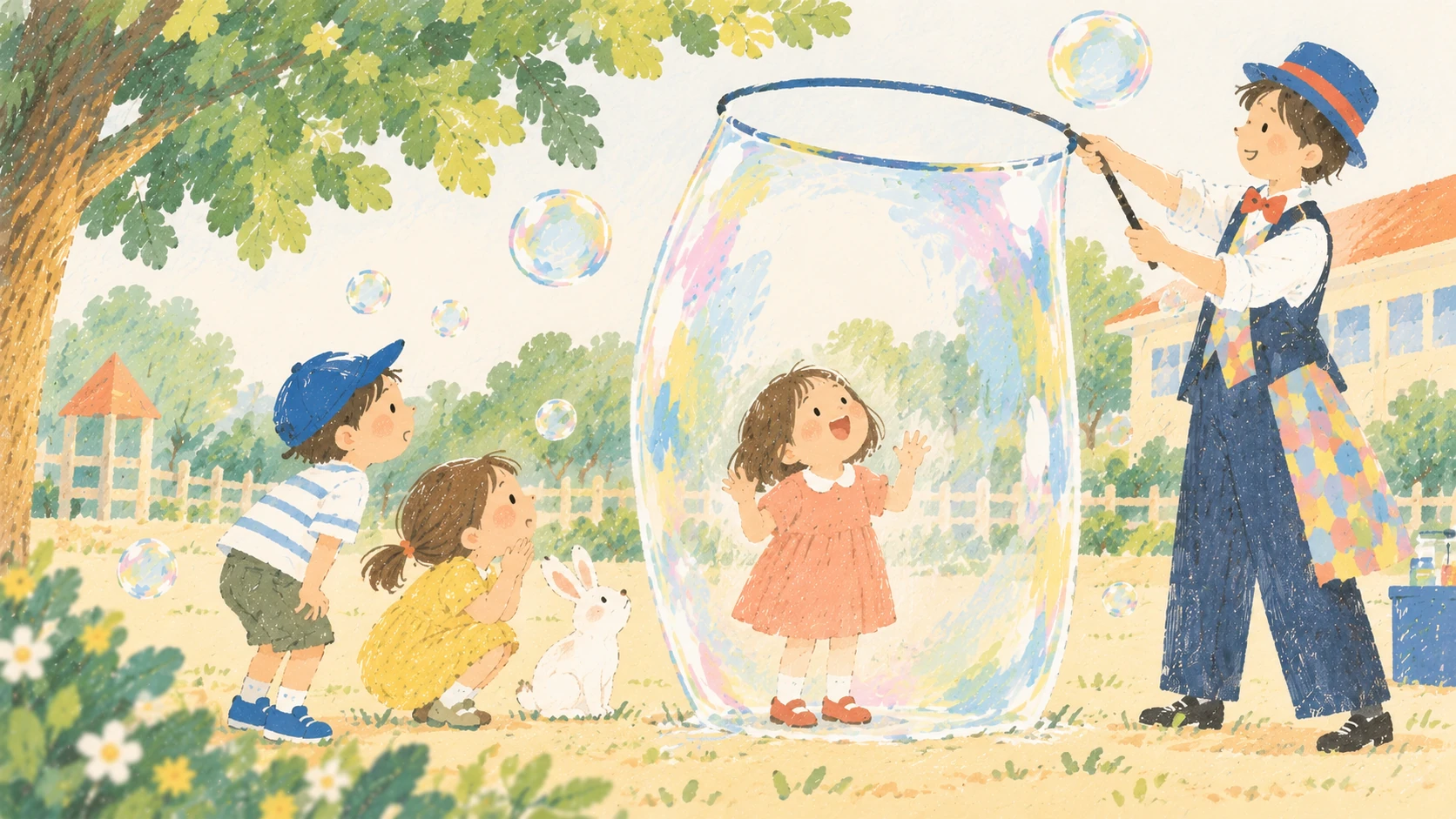 大きなシャボン玉の中に入る子どもと見守るパフォーマーのイラスト