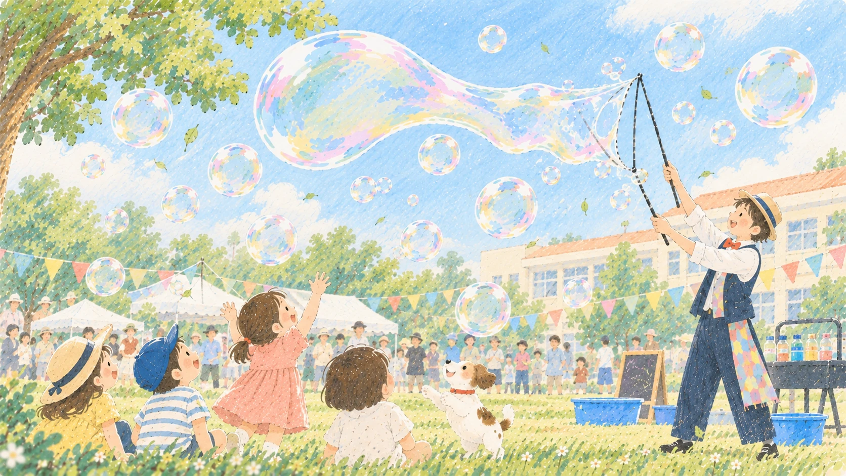 園庭で大きなシャボン玉を楽しむ子どもたちとパフォーマーのイラスト
