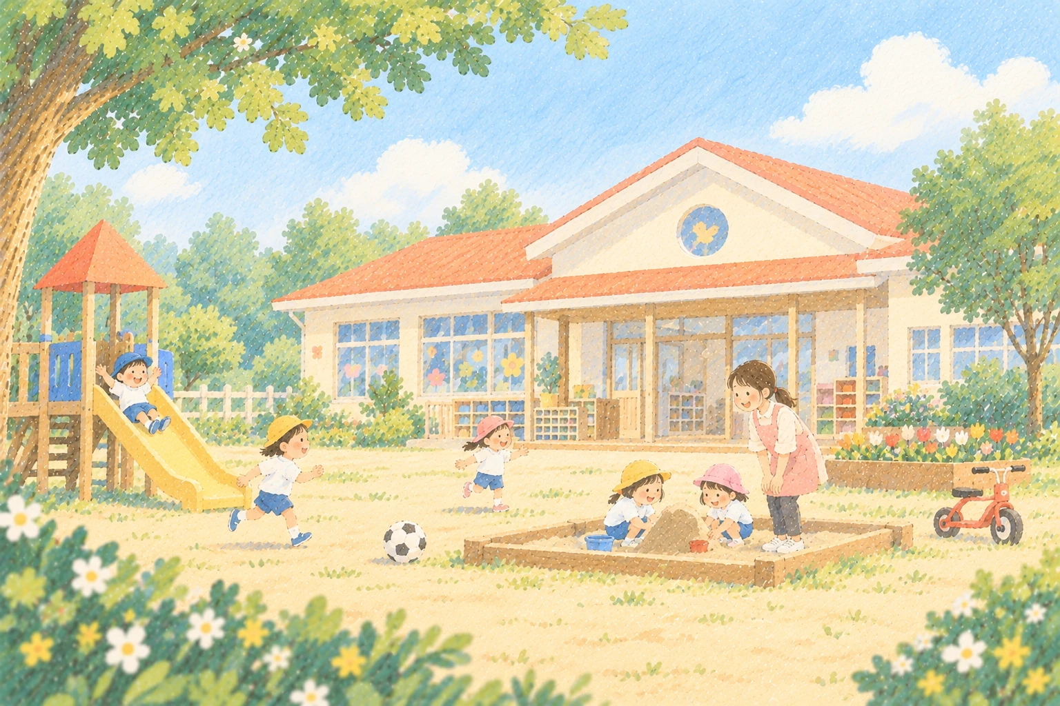 園舎と園庭で遊ぶ子どもたちのイラスト