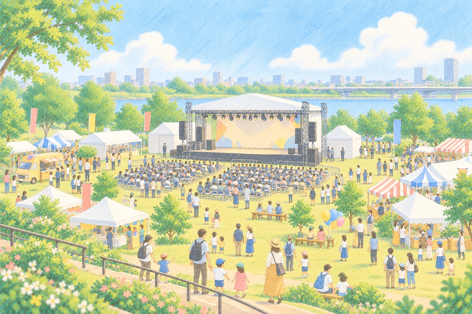 広い屋外イベント会場のステージと客席のイラスト