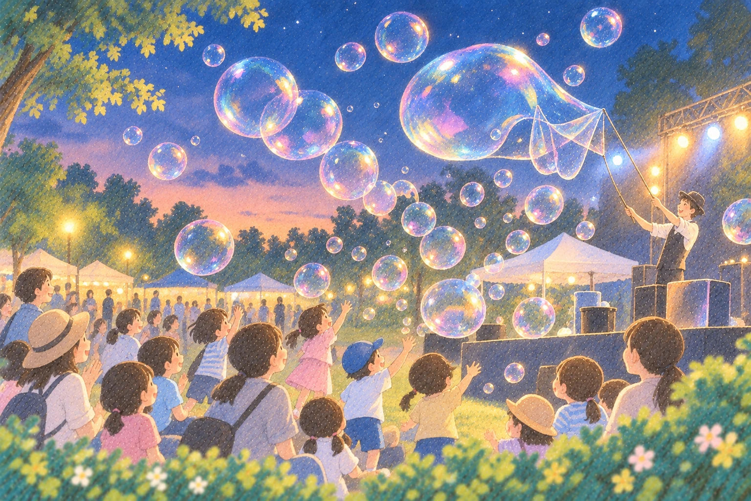 夜の屋外ステージでシャボン玉を楽しむ親子のイラスト