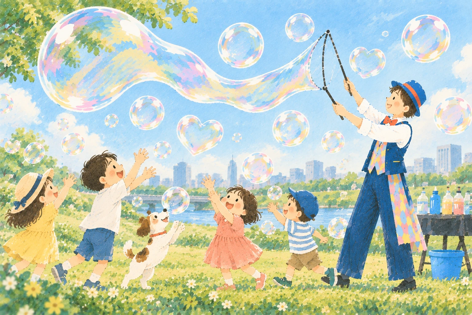 大きく長いシャボン玉を見上げる子どもたちとパフォーマーのイラスト