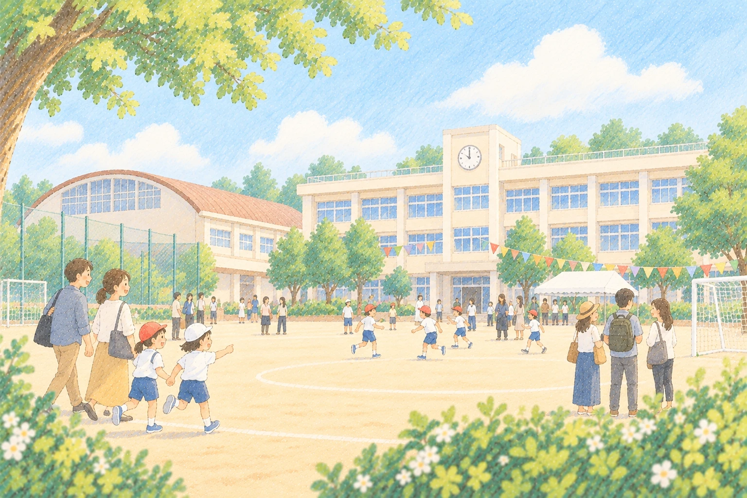 校舎と校庭で親子が参加する学校行事のイラスト