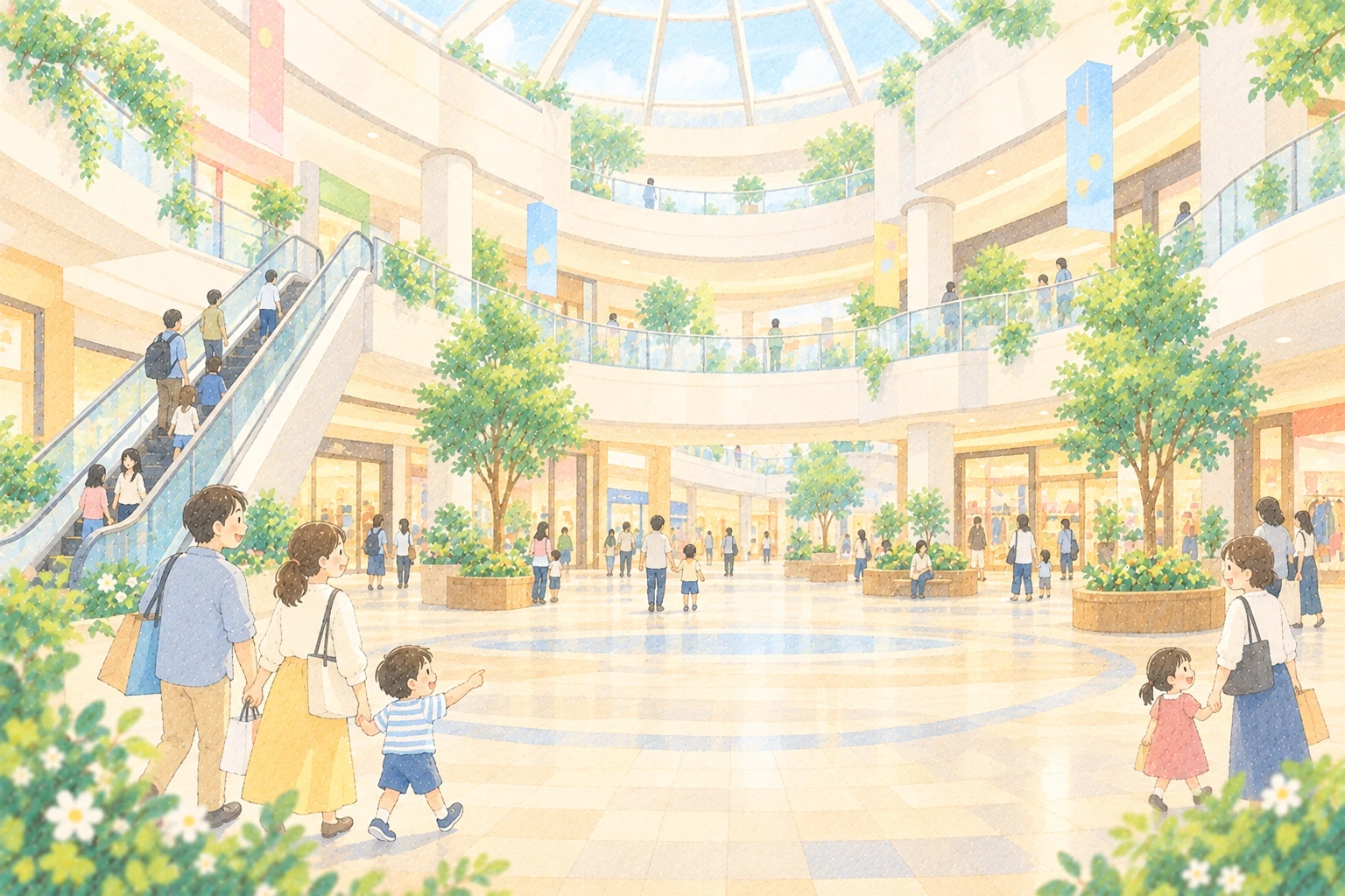 吹き抜けのあるショッピングモールと親子連れのイラスト