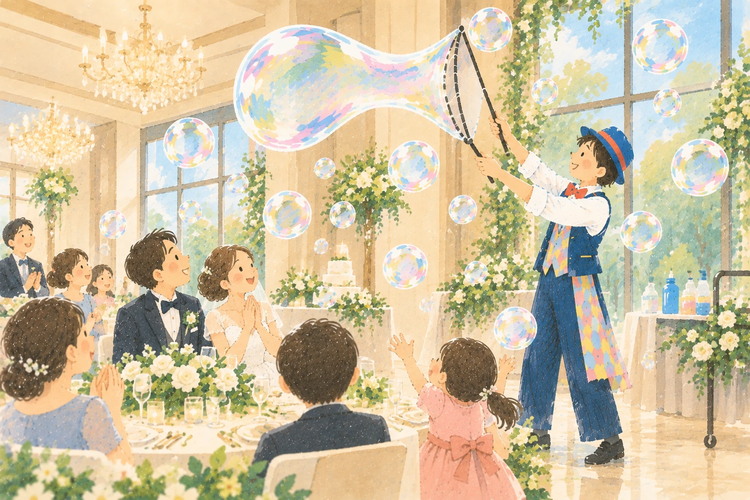 新郎新婦とゲストが楽しむ披露宴のシャボン玉演出のイラスト